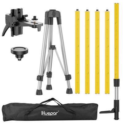 Huepar 12 Ft./3.7M Professional Laser Level Pole with Tripod and 1/4-Inch by 20-Inch Laser Mount for Rotary and Line Lasers, Adjustable Telescoping Laser Pole with 5/8"-11 Threaded Adapter-LP36A