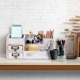 Distressed Rustic Wooden Office Desktop Organizer Shelf Tabletop Home Organizer Storage with Multiple Compartments 2 Tier Drawers perfect Jewelry storage Display Box for Desk Vanity (Washed white) VERGOODR