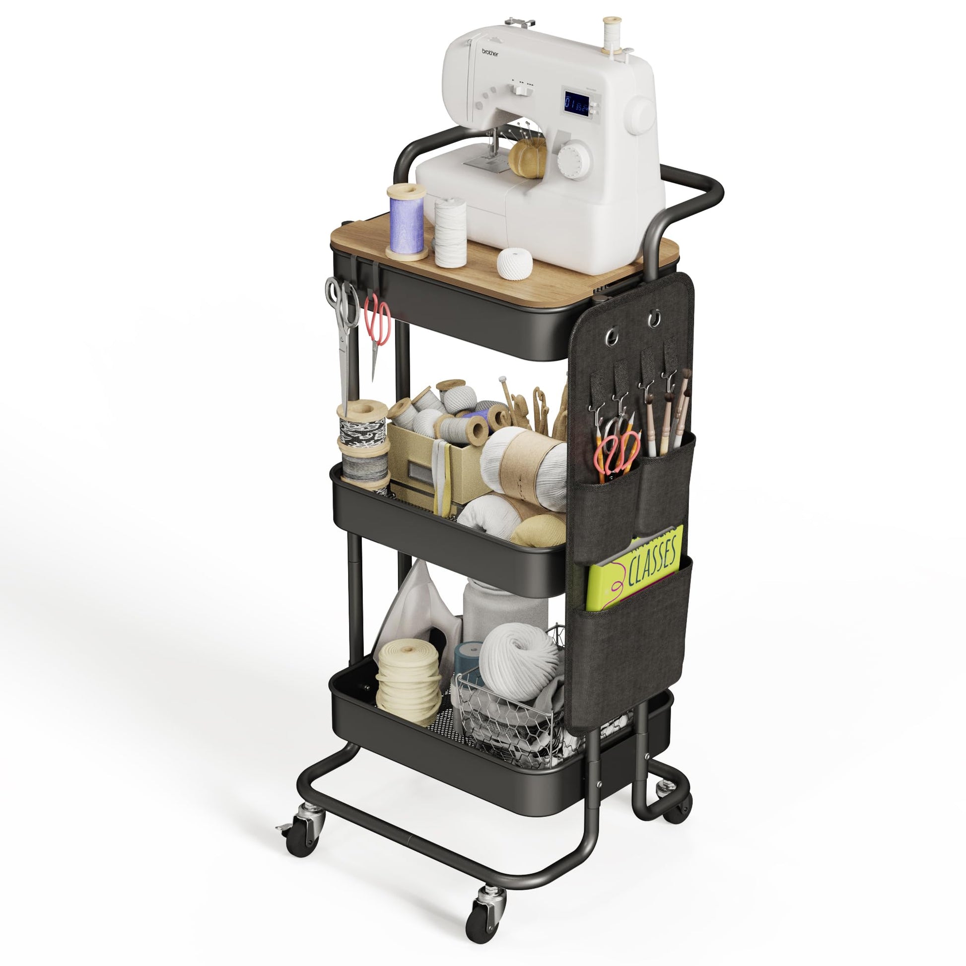 DTK 3 Tier Metal Utility Rolling Cart with Table Top and Side Bags, Tray Storage Organizer Wheels, Art Craft 4 Hooks for Kitchen Bathroom Office Living Room (Black) - WoodArtSupply