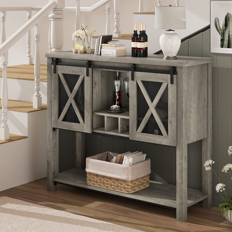 IDEALHOUSE Buffet Storage Cabinet Farmhouse Wine Cabinet Coffee Bar Table with Wine Glass Rack and Storage, Wood Buffets and Sideboards with Barn Mesh Door for Kitchen, Dining, Living Room, Grey IDEALHOUSE