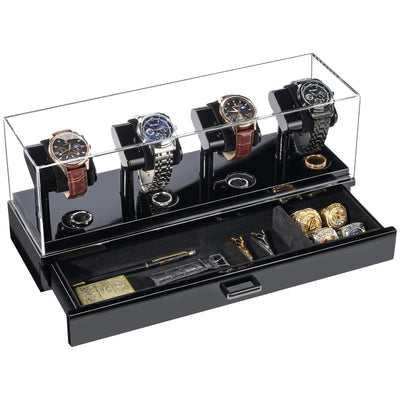 ProCase Wooden Watch Display Case, 4 Slot Watch Display Stand with Removable Acrylic Cover, Watch Case with Drawer, 2-Layer Mens Watch Box, Ring and Watch Holder Organizer for Men -Black