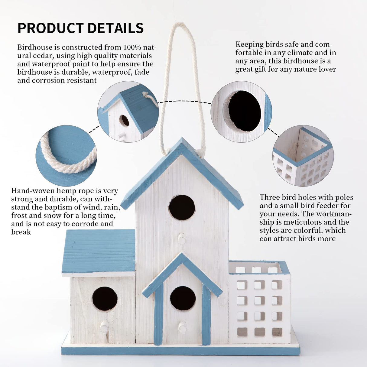 HHWODB Birdhouse Premium Bluebird Houses for Outside Attract Beautiful Birds to Your Garden and Yard Durable Outdoor Birdhouses 3 Hole Bird Houses for Outside Hanging HHWODB