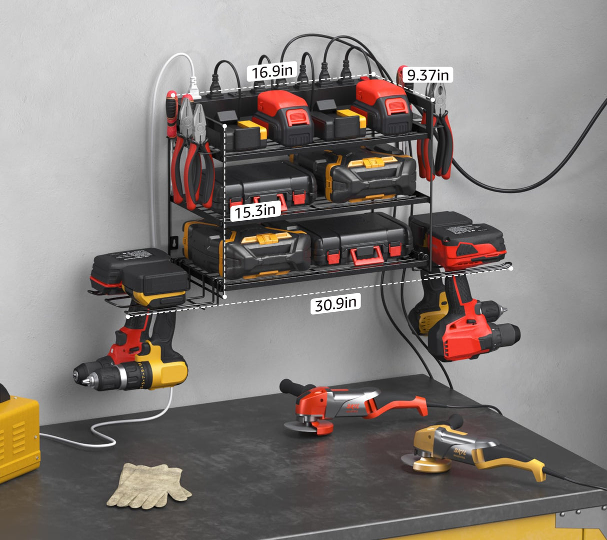 CCCEI Garage Tools Storage with Charging Station. Power Tool Battery Organizer Utility Shelf with Power Strip. 4 Drills Holder Wall Mount Rack, Black 3 Layer. CCCEI