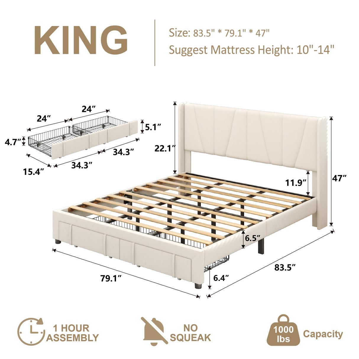 viplov King Bed Frame with Storage Drawers, Upholstered Platform Bed with Headboard and Wingboard, No Box Spring Needed, NO Noise, Easy Assembly, Wooden Support Slats, Beige viplov
