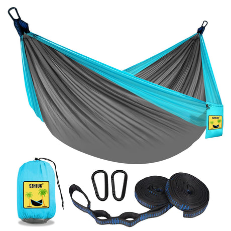 SZHLUX Camping Hammock Double & Single Portable Hammocks with 2 Tree Straps and Attached Carry Bag,Great for Outdoor,Indoor,Beach,Camping,Light Grey / Sky Blue SZHLUX