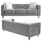 mikibama Velvet 3 Seater Sofa Couch with Buttons and Square Arms 83.07 Inch Tufted 3-seat Sofas with Trimmed Nailhead and Acrylic Legs Modern Couches for Living Room,Bedroom(Grey-Crystal Legs, Sofa) mikibama