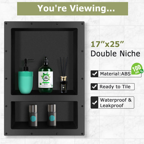 Suteck Shower Niche, 25" x 17" 3.8" Outer Size, Actual Size 14" + 16.5"(Big Grid) 14"+ 6" (Small Grid) Tile Ready Recessed Shower Shelf Bathroom Niche Box for Organization Suteck