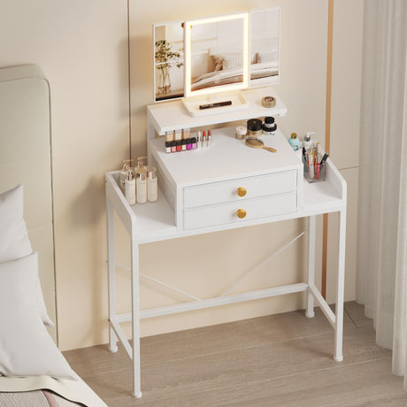 HIGDBFE Vanity Desk with Mirror and Lights, 28.4''W Small Makeup Vanity Table with Height-Adjustable Stand, 2 Fabric Drawers Compact Makeup Desk, Gift for Girls, Bedroom Small Space, White HIGDBFE