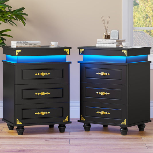 ADORNEVE LED Nightstands Set of 2, Black Nightstand with Charging Station, Modern Bedroom End Side Table with LED Lights, Wooden Sofa Bedside Table with Drawers