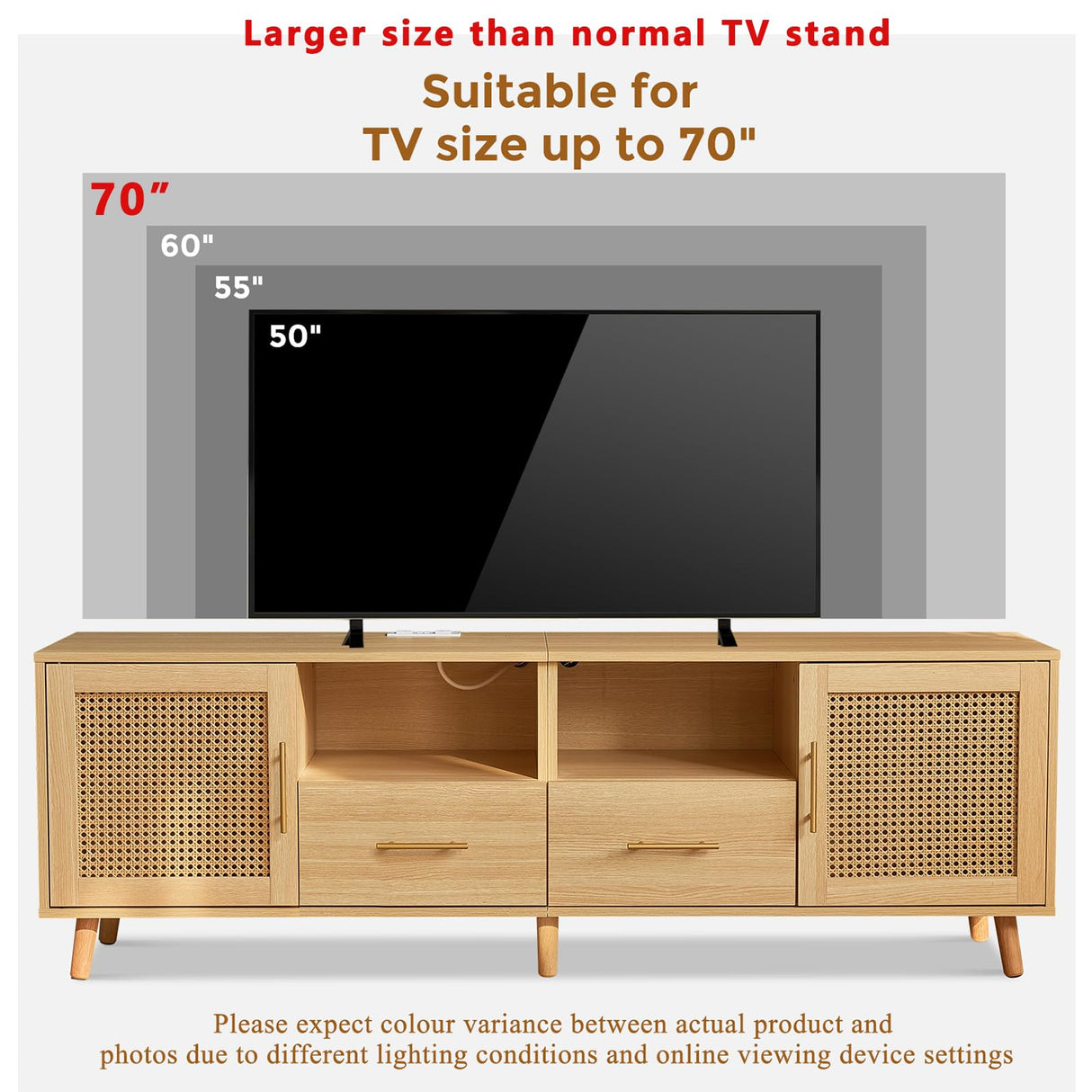 JanflyHome TV Stand for 70 Inch TV-Modern Rattan Media Console with Power Outlet, Entertainment Center with LED Light, Rattan TV Console Furniture for Living Room, Wood JanflyHome