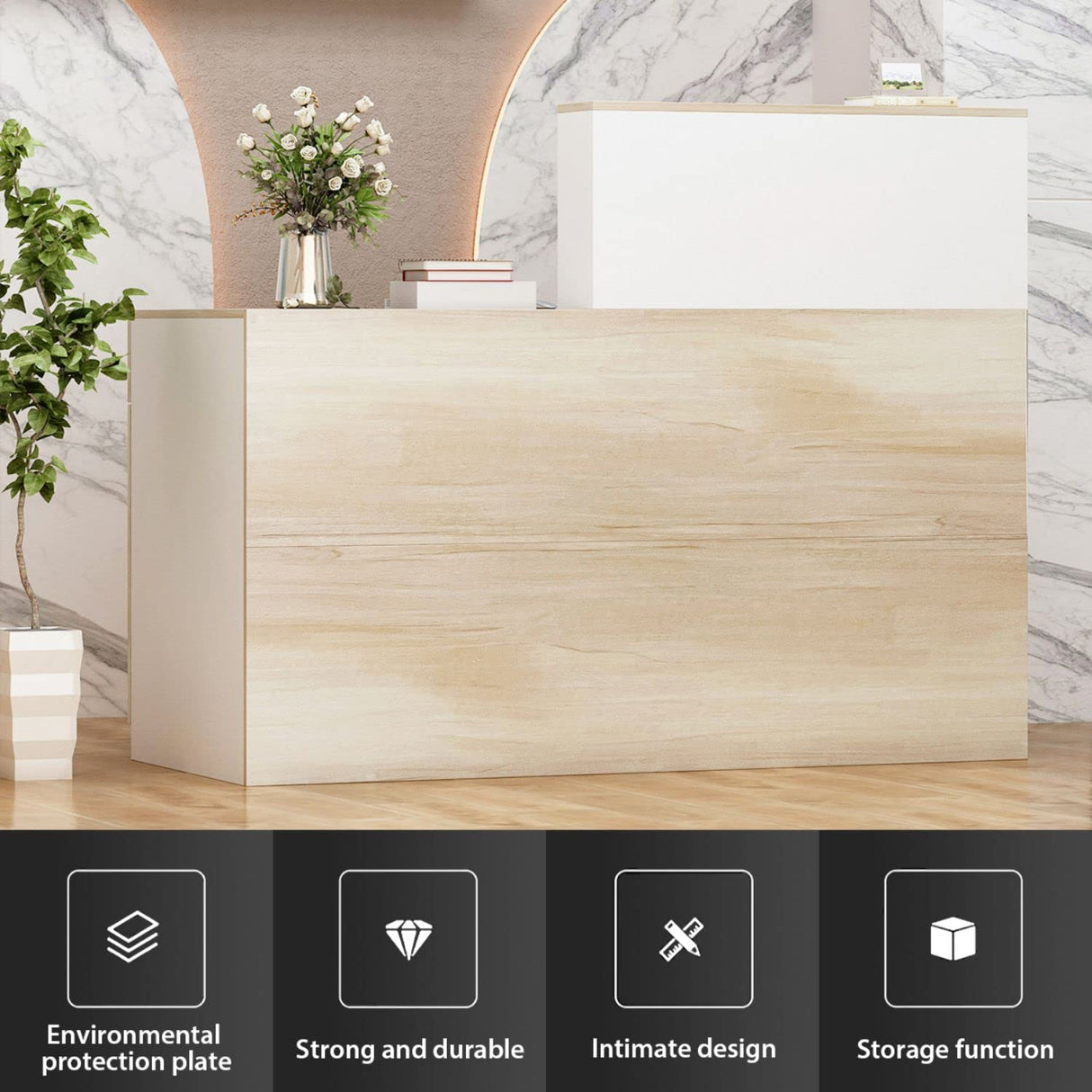 FAMAPY Reception Desk Retail Counter with Lockable Drawer & Shelves, Front Desk Reception Table for Salon Lobby Shop White and Oak 55.1'W x 23.6'D x 43.3'H FAMAPY