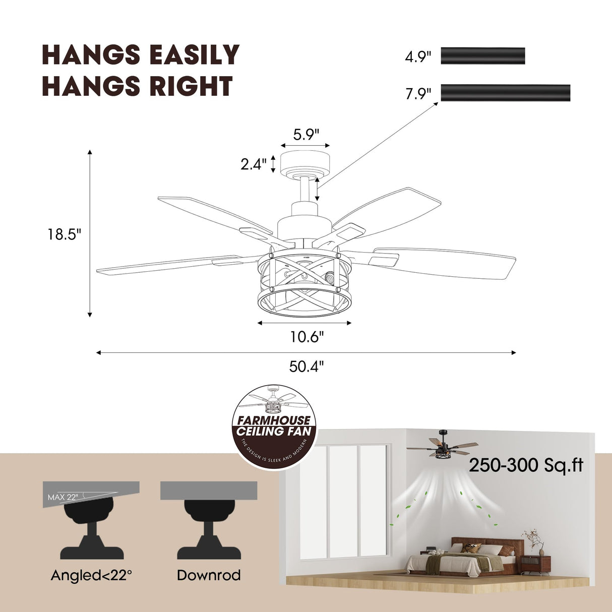 52 Inch Ceiling Fans with Lights and Remote & APP Control, Farmhouse Ceiling Fan with LED Lighting for Bedroom Living Room and Patio, Black Caged Ceiling Fan for Indoor and Outdoor(NO BULB） YouthDream