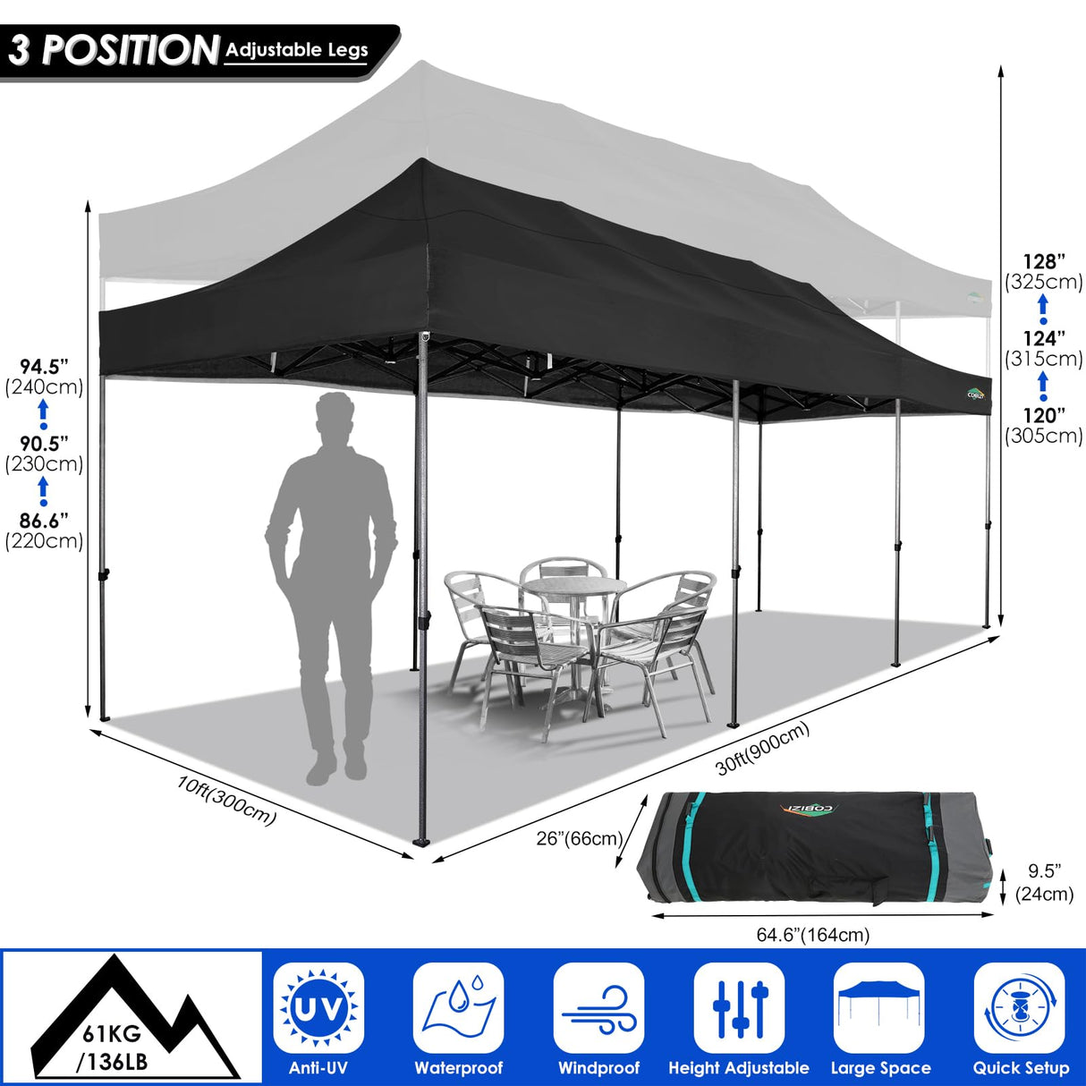 COBIZI 10x30 Heavy Duty Pop up Canopy with 8 sidewalls Stable Wedding Outdoor Tents for Parties Canopy Pop Up Party Tent UPF 50+ Waterproof Commercial Gazebo with Roller Bag, Black(Windproof Upgraded) COBIZI