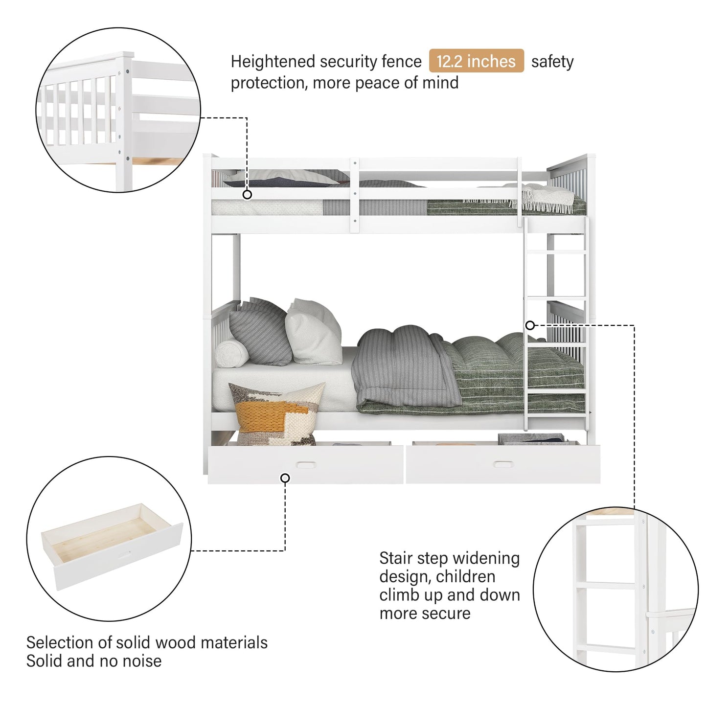 Merax White Convertible Solid Wood Bunk Bed with Ladders and Storage Drawers - Full Over Full - WoodArtSupply