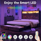 Incyneva Farmhouse Full Bed Frame with Bookcase Storage Headboard, Charging Station, LED Light and 2 Storage Drawers, Noise Free, No Box Spring Needed, Brown Incyneva