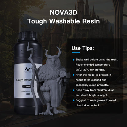 NOVA3D Water Washable 3D Printer Resin, High Toughness 3D Printing Photopolymer Resin, High Precision 405nm UV Fast Curing 3D Resin for LCD/DLP/SLA Resin 3D Printers, Low Odor(Gray, 500g)