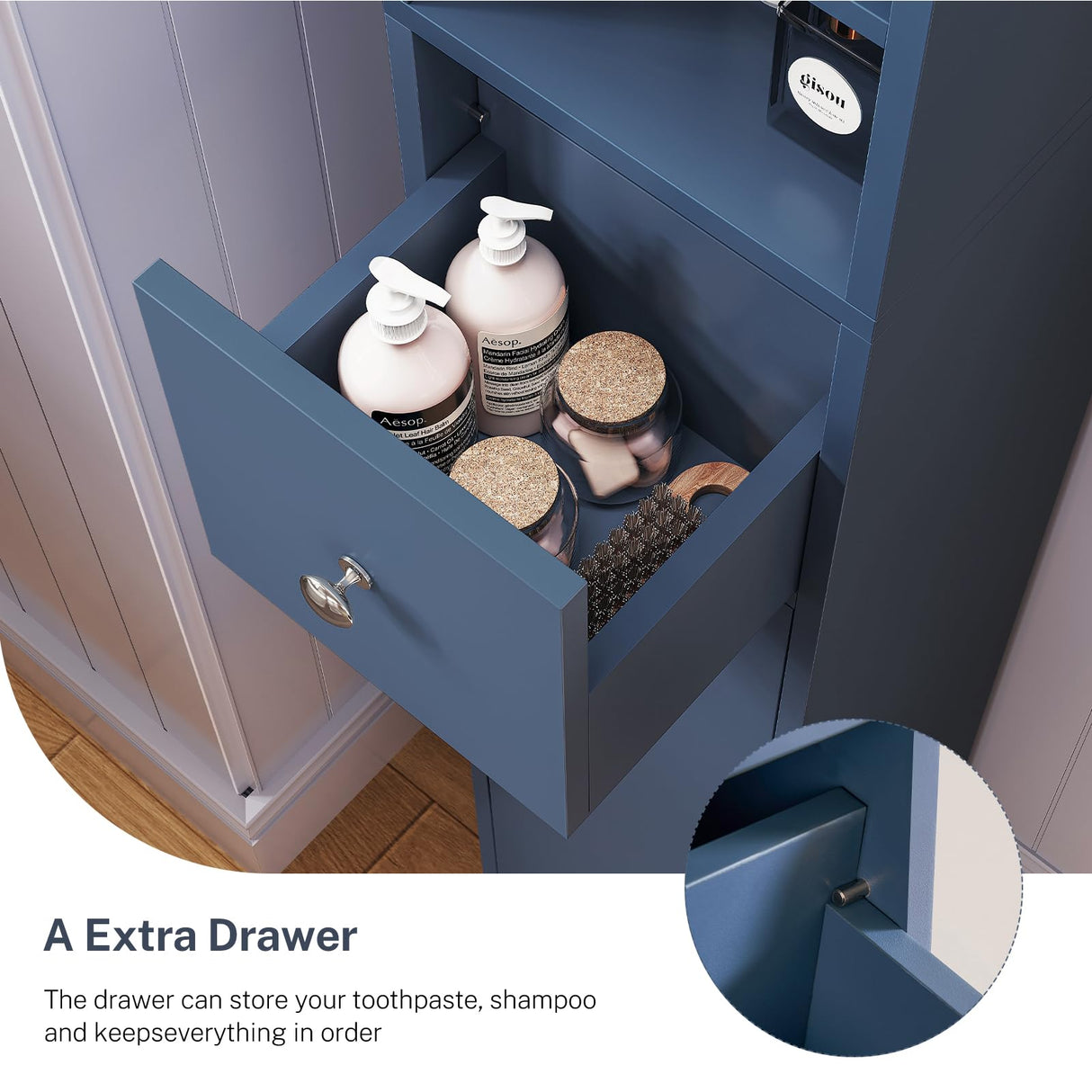 TEENFON Bathroom Cabinet, Narrow Bathroom Storage Cabinet with 5 Adjustable Shelves & Drawer, Freestanding Cupboard for Small Spaces, Blue TEENFON