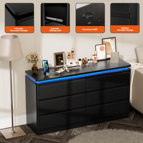 Upgraded 6 Drawer Black Dresser for Bedroom, 47.2" Long Chest of Drawers with Charging Station & LED Lights, Wooden Storage Cabinet Dresser for Closet,Modern TV Stand with Deep Drawers Loomie