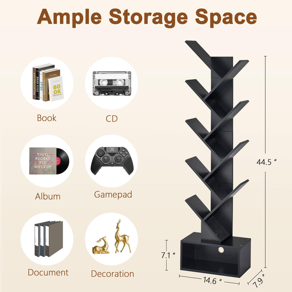 Hoctieon 9 Tier Tree Bookshelf, Tall Bookcase with Drawer, Wood Book Shelf, Modern Floor Standing Bookshelves, Book Organizer Shelves for Bedroom, Living Room, Home Office, Black Hoctieon