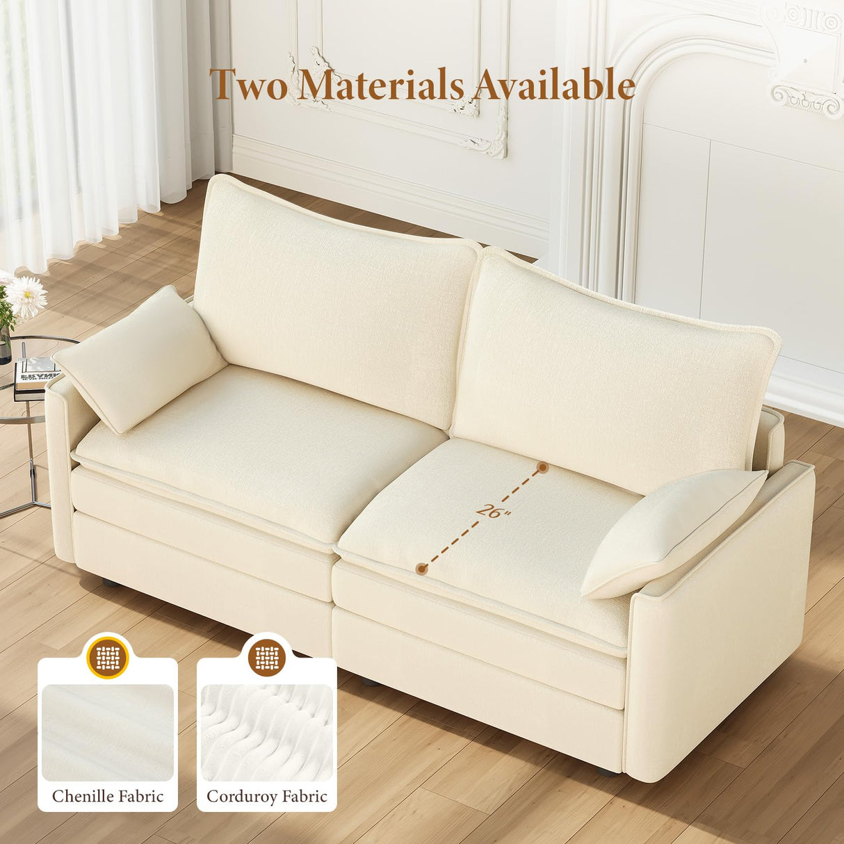 Vesgantti 74" Loveseat Sofa for Living Room, Comfy Cloud Couch Deep Seat Chenille Modern 2 Seater Small Sofa with Armrest Pillow, Easy Assembly for Small Spaces, Beige Vesgantti