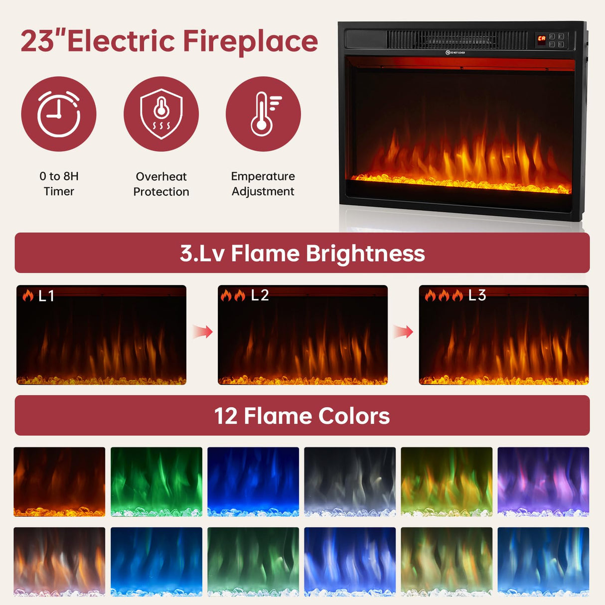 oneinmil 70" Fireplace TV Stand, Electric Fireplace with Mantel, Modern Entertainment Center with Open Storage, Remote Control, Adjustable Flame, Fire Place TV Stand for Living Room, Bedroom Oneinmil