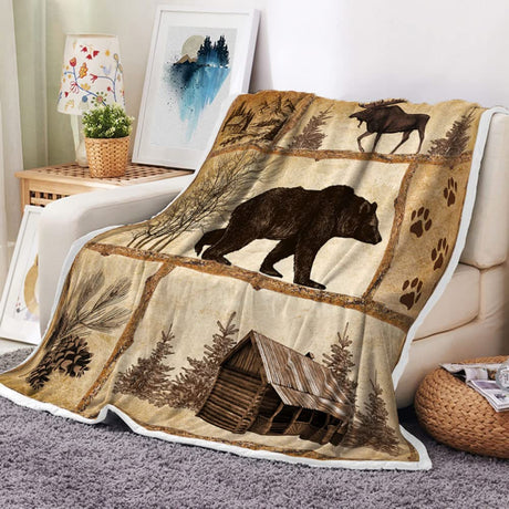Bzhilja Rustic Cabin Throw Blankets, Farmhouse Country Antique Bear Moose Forest Vintage Wood Cozy Warm Bed Couch Blanket, Hunting Camping White Fleece Flannel Throws to Decorate The Room and Bedroom Bzhilja
