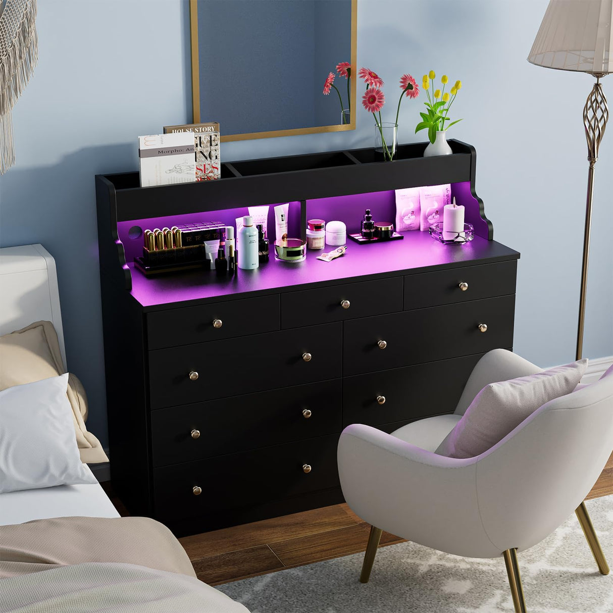 Yeyawomy 9 Drawer Dresser with Led Light and Charging Station, Anti-tip Chest of Drawers, Black Long Wood Dresser for Bedroom, Entryway, Hallway, Entryway, and Living Room Yeyawomy