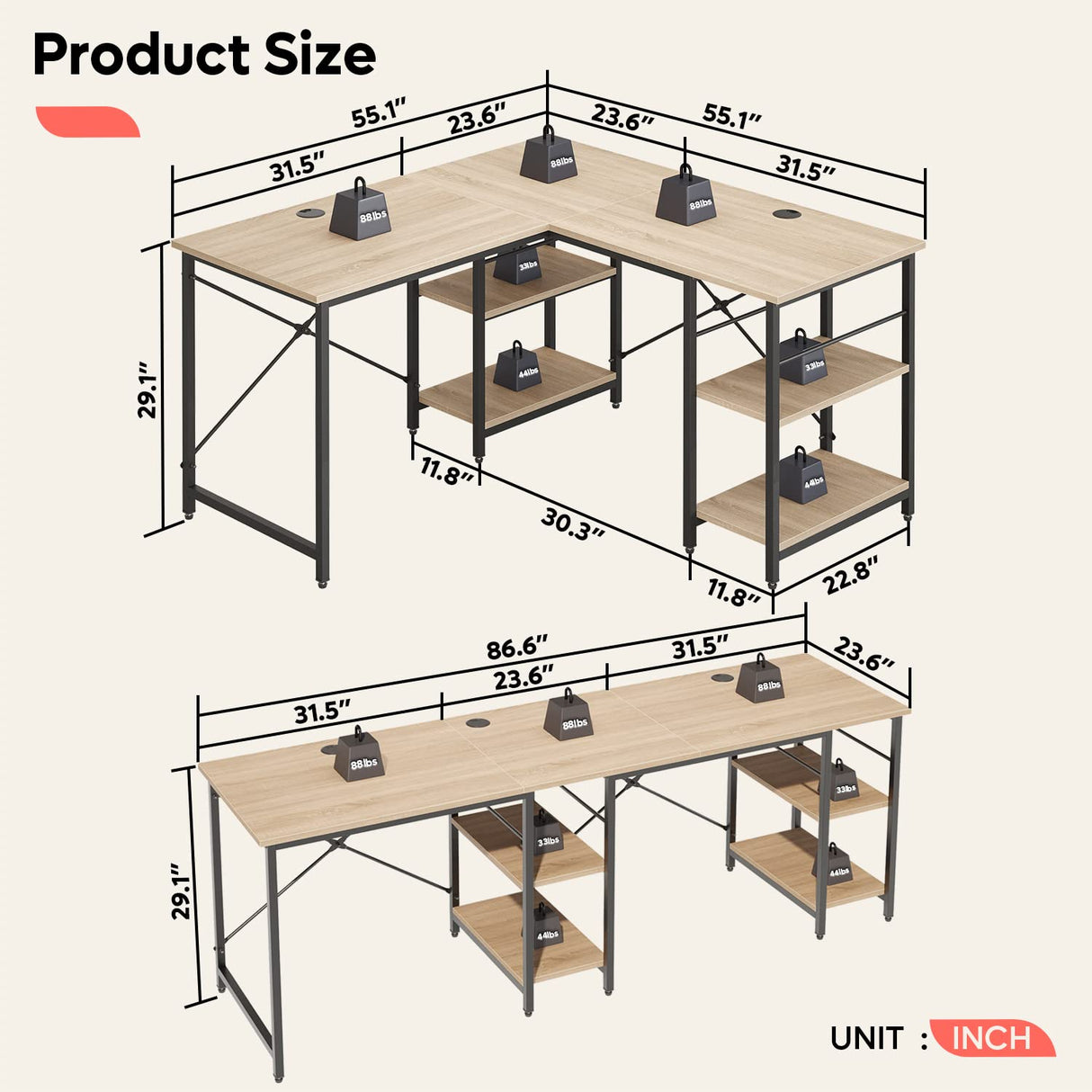 Bestier L Shaped Desk with Shelves 86.6 Inch Reversible Corner Computer Desk or 2 Person Long Table for Home Office Large Gaming Writing Storage Workstation P2 Board with 3 Cable Holes, Oak Bestier