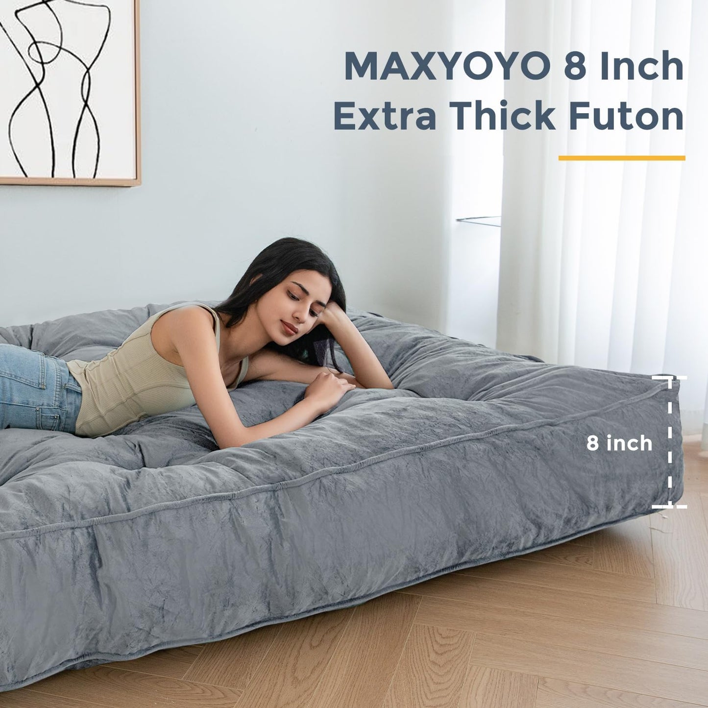 MAXYOYO 8" Futon Mattress Queen Size, Extra Thick Futons Sofa Couch Bed, Velvet Floor Mattress, Shredded Foam Filling (Frame Not Included),Dark Grey - WoodArtSupply