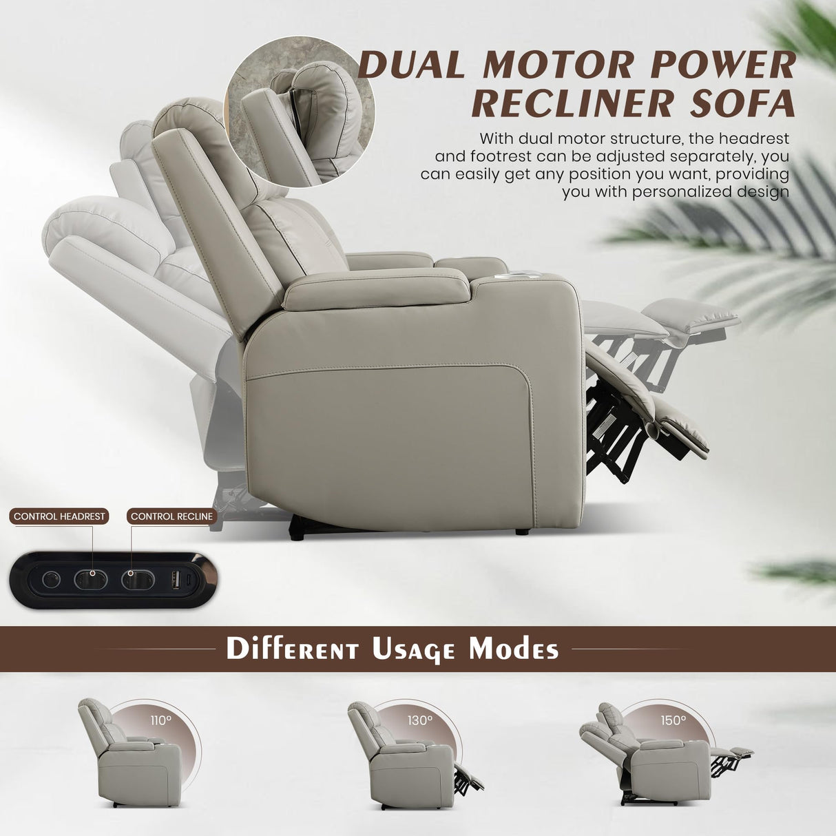 Neptane Dual Motor Power Reclining Loveseat with Wireless Charge, Power Loveseat Recliner Sofa with Adjustable Headrest/LED Light/Armrest Storage, Wall Hugger Couches for Living Room (Grey, 2 Seater) Neptane