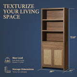 OAKHAM HOME Hampstead Bookcase, Rattan Bookcase with Doors Cabinet and Drawer, 5-Tier Bookshelf, Large Wooden Book Case, Tall Bookshelves for Library Living Room (Special Walnut, 2 Pieces) OAKHAM HOME