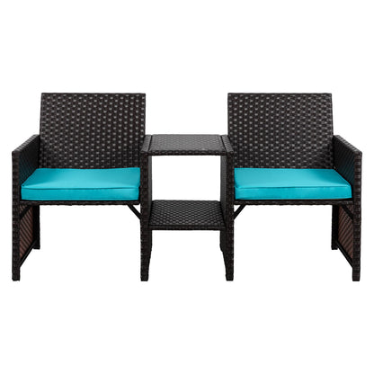 Shintenchi Wicker Patio Conversation Furniture Set with Detachable Chairs & Table and Two Removable Cushions,Rattan Wicker Lover Chair for Patio,Garden, Courtyard and Lawn Backyard (Blue)