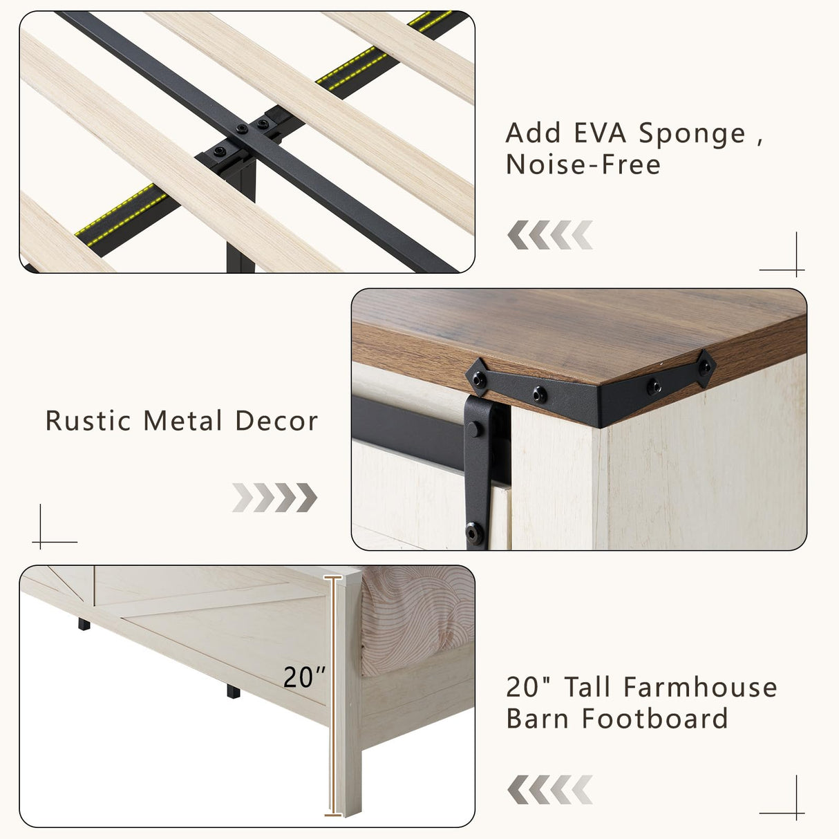 LUXOAK Farmhouse Bed Frame with Sliding Barn Door Storage Headboard, Full Size Bookcase Bed with Charging Station & Adjustable Shelf, No Box Spring Needed, Antique White LUXOAK