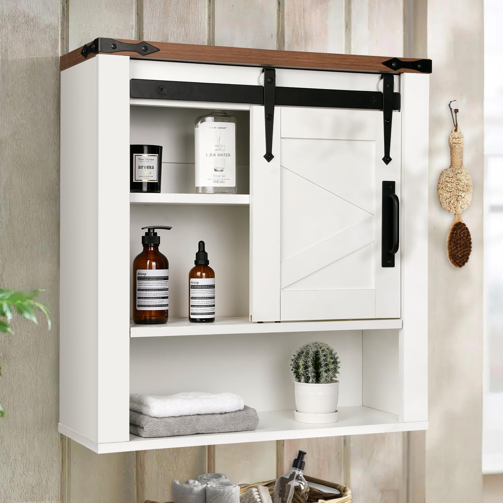 VOWNER Farmhouse Bathroom Wall Cabinet, Medicine Cabinet with Sliding Barn Door & Adjustable Shelf, Wood Wall Mounted Storage Cabinet for Kitchen Dining, Bathroom, Living Room, White - WoodArtSupply