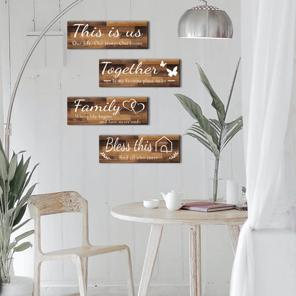 4 Pieces Home Wall Signs, THIS IS US/TOGETHER/BLESS THIS HOME/FAMILY Wall Decor For Living Room Bedroom, Rustic Wooden Farmhouse Wall Art , 4.7 x 13.8 Inch(Brown)