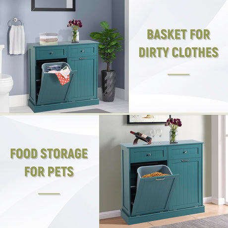 LOUVIXA Tilt Out Trash Can Cabinet with Double Hidden Trash Can Holder, Kitchen Free Standing Recycling Cabinet,Dog Proof Trash Can,Wood, Teal LOUVIXA