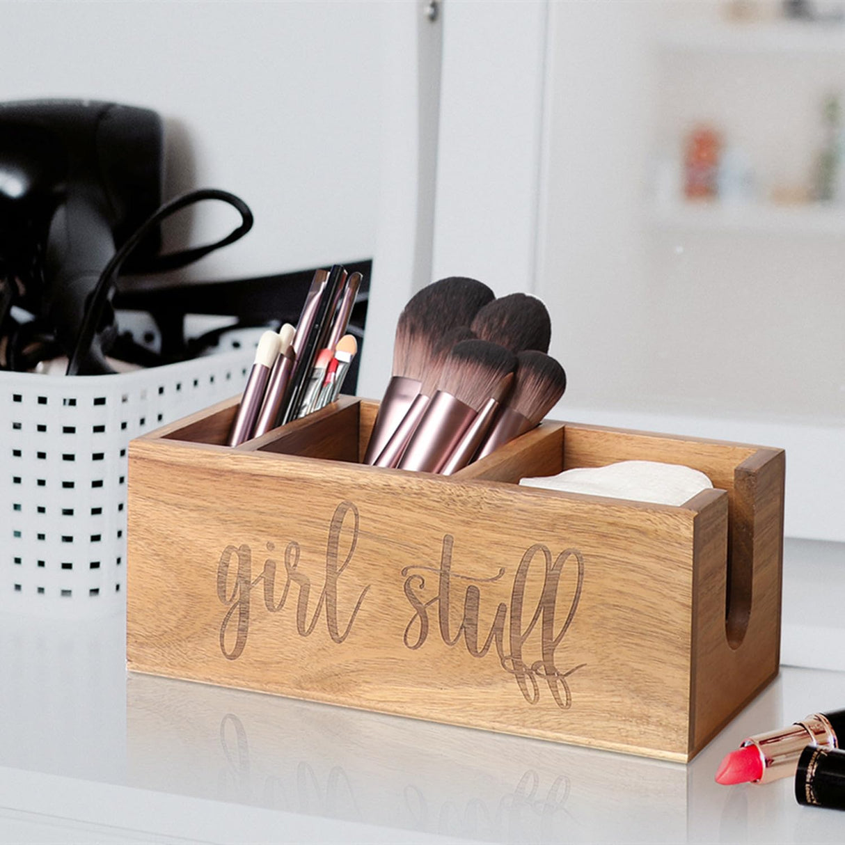 LBEMEY Acacia Wood Makeup Brush Holder, Organizer for Tampon, Cotton roud pads, Cotton Swab, Makeup,3 Compartments bathromm canister storage organization, Vanity Makeup Organizer, Tampon Holder LBEMEY