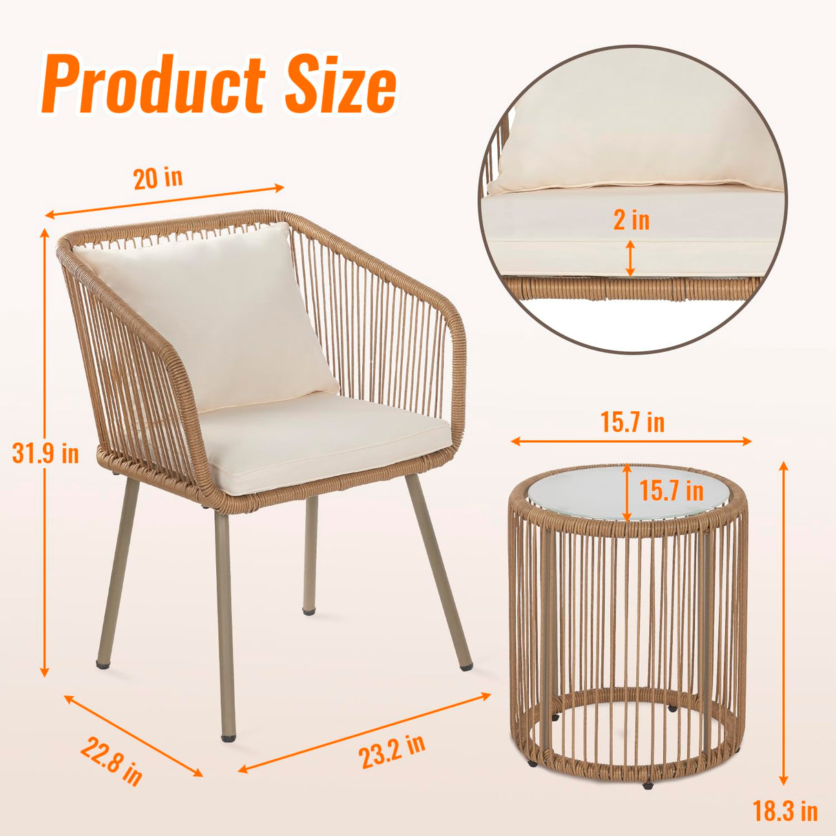 3-Piece Outdoor PE Rattan Bistro Furniture Set Patio Rattan Conversation Set Patio Furniture Set Glass Coffee Table Top and 2 Chairs with Cushions Lumbar Pillows for Yard Garden Porch Bistro, White PayLessHere