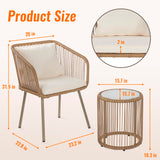 3-Piece Outdoor PE Rattan Bistro Furniture Set Patio Rattan Conversation Set Patio Furniture Set Glass Coffee Table Top and 2 Chairs with Cushions Lumbar Pillows for Yard Garden Porch Bistro, White PayLessHere