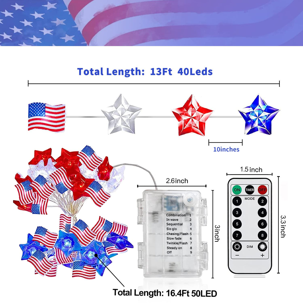 4th of July Decorations Lights, 13FT 40LED Lights Battery Operated Remote Timer USA Flag Fairy Light for Indoor Home Independence Day Memorial Day Fourth of July Couah