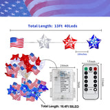 4th of July Decorations Lights, 13FT 40LED Lights Battery Operated Remote Timer USA Flag Fairy Light for Indoor Home Independence Day Memorial Day Fourth of July Couah