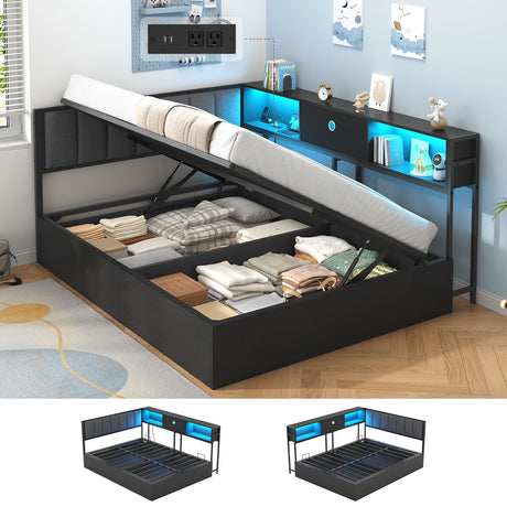 Hasuit Corner Full Lift Up Storage Bed Frame with Charging Station & LED Lights, Full Day Bed with Upholstered Headboard and Bookcase, Corner Beds with Hydraulic for Kids Teens Guests, Black Hasuit