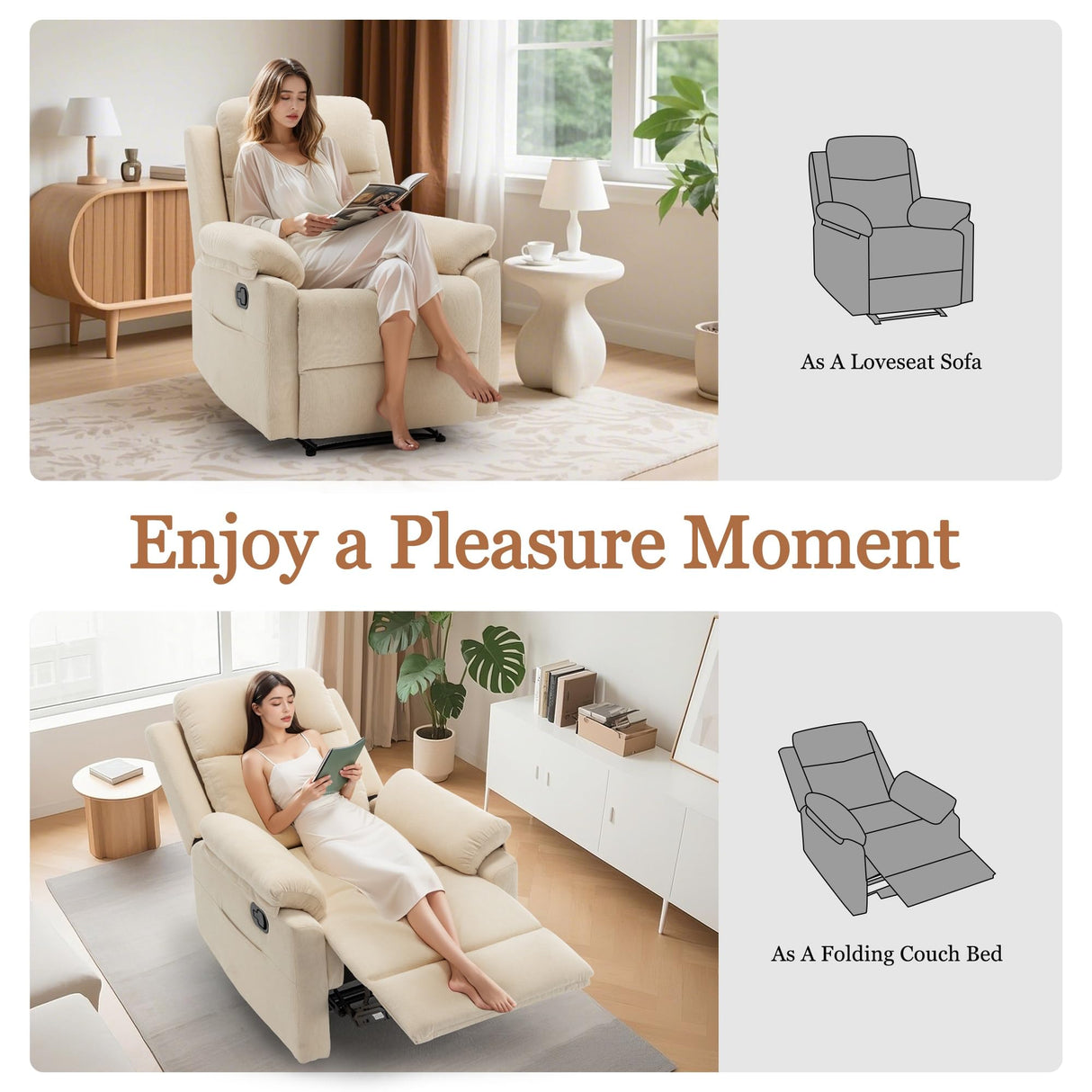 Korser Recliner Chair, Small Recliners for Small Spaces, Upholstered Manual Recliner with Side Pockets, Comfy Corduroy Chairs for Living Room, Bedroom, Reading, Beige Korser