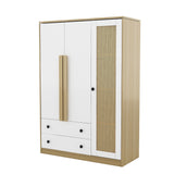 Merax 3-Doors Wooden Rattan Wardrobe Storage Shelves and Hanging Rail for Clothes for Bedroom, with 2 Drawers, White+Nature Merax