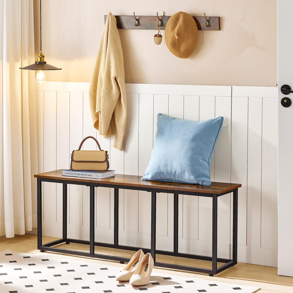 HOOBRO Dining Bench, 47.2 Inch Dining Table Bench, Industrial Style Kitchen Bench, Steel Frame, Easy to Assemble, for Kitchen, Dining Room, Rustic Brown and Black BF45CD01 HOOBRO