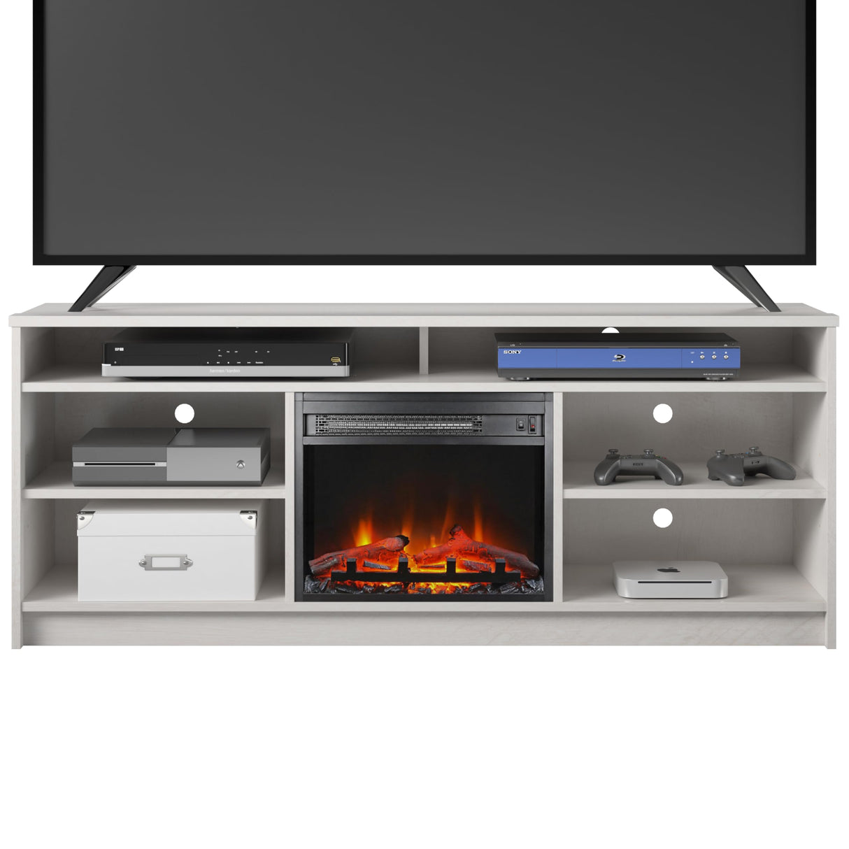 Ameriwood Home Hendrix Fireplace TV Stand for TVs up to 65 Inch, Replaceable Electric Fireplace Insert Heater, Realistic Log and Flame Effect, For Living Room or Bedroom, Ivory Oak Ameriwood Home