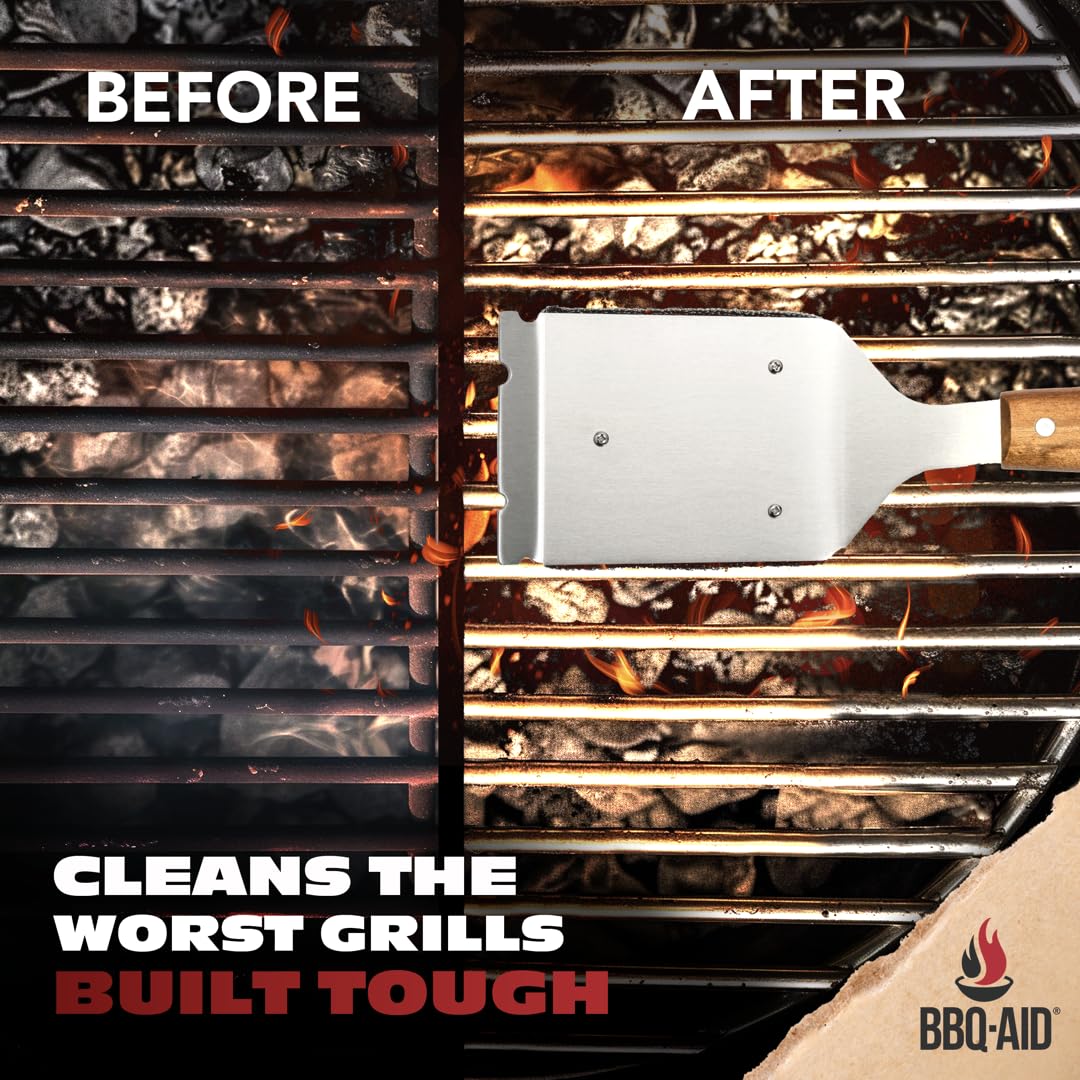 BBQ-AID Bristle Free Grill Brush and Scraper for Barbecue – Grill Brush for Outdoor Grill with Extended, Large Wooden Handle and Replaceable Head –No Scratch- BBQ Grill Cleaning Accessories. BBQ-Aid