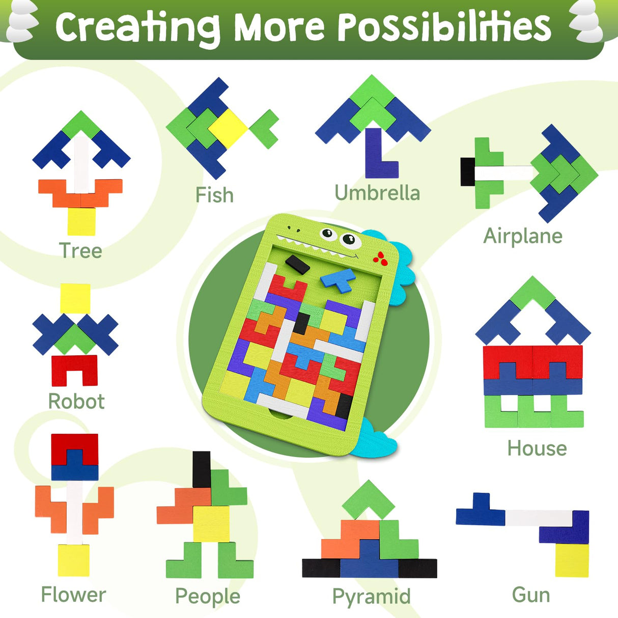 MindPal 40 Pcs Wooden Blocks Puzzles, Jigsaw Puzzles, Dinosaur Wooden Brain Teaser Puzzles IQ Game Toy, Educational Puzzle, Intelligent Tangram 3D Russian Blocks for 3+ Years Old Kids MindPal