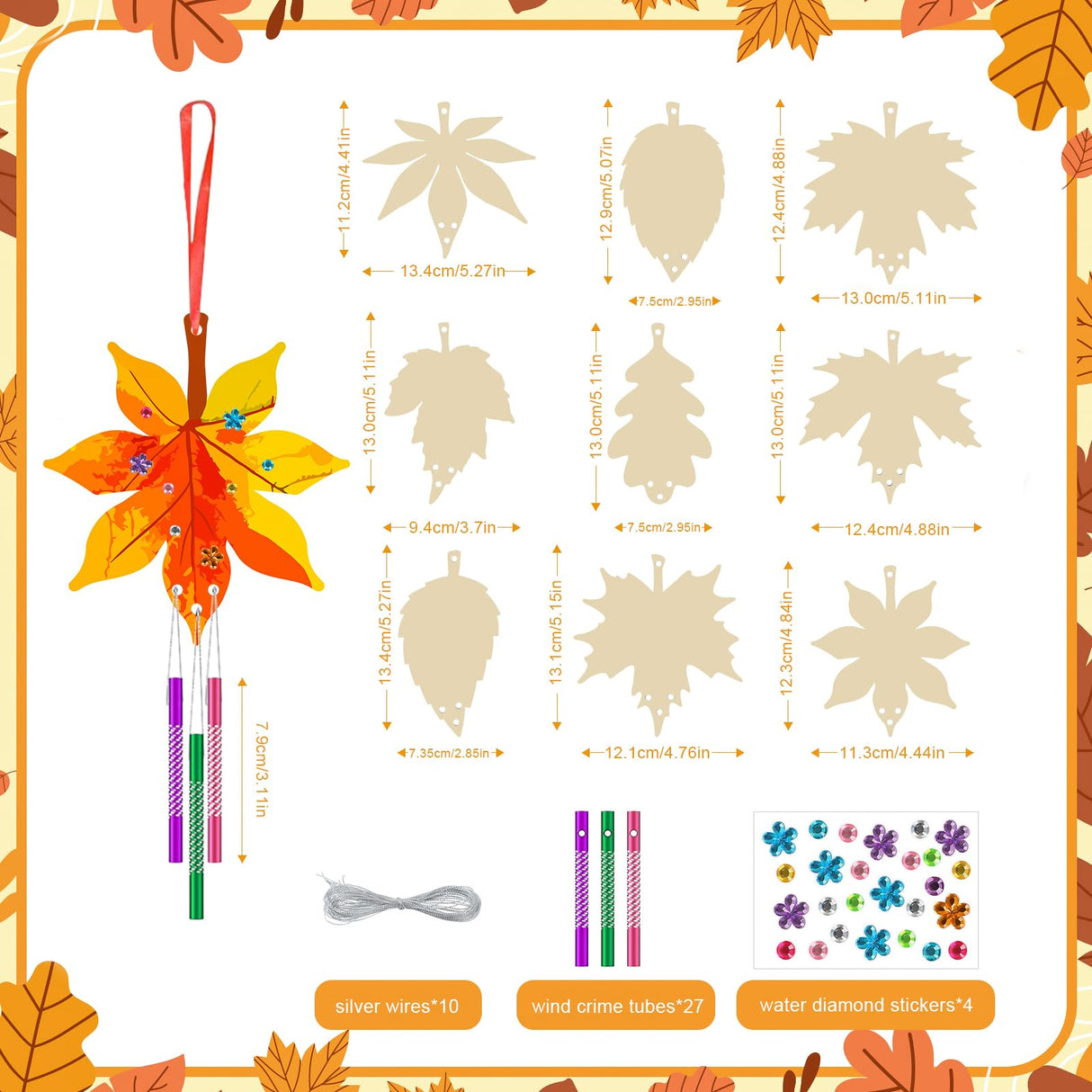 Wooden Fall Wind Chime Kit for Kids Make Your Own Maple Leaf DIY Wind Chime Kit Coloring Fall Craft for Kids Hanging Ornaments Thanksgiving Autumn Halloween Party Craft 9 Pack Sealmic