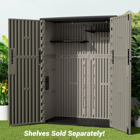 KINYING Outdoor Storage Cabinet Waterproof, 57 Cu.ft Resin Vertical Outdoor Storage Shed for Patio Furniture, Garden Tools, Pool Accessories, Mower Storage (Brown) KINYING